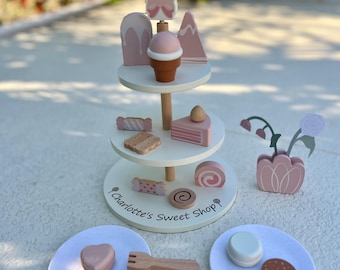 Pretend Tea Party set with Dessert Tray Personalized Wooden Tea Party Play Set Custom name tea set toy for Kids Birthday Gift for Girls