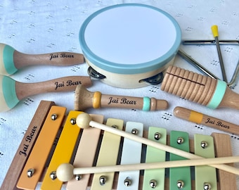 Instrumentos musicais de madeira personalizados para crianças, brinquedo sensorial de madeira Montessori, presente de aniversário, brinquedo educacional, conjunto de brinquedos musicais Montessori