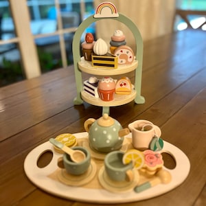 Pretend Tea Party set with Desert Tray Personalized Wooden Tea Party Play Set Custom name tea set toy for Toddlers Birthday Gift for Girls