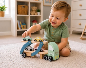 Personalized Wooden Car Carrier Truck Toy Montessori Vehicle Playset Custom Name Wooden Toy Gift for Toddlers Truck & Ramp 1st Birthday Gift