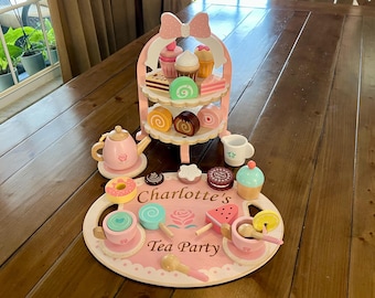 Pretend Tea Party Set with Dessert Stand Personalized Wooden Pretend Play Toy Set Custom Name Tea Set Toy for Kids Birthday Gift for Girls