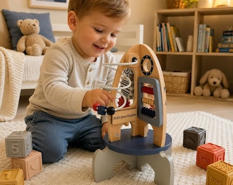 Personalized Space Rocket Ship Montessori Wooden Activity Cube Educational Custom Engraved Name Sensory Toy Toddler Gift for 1st Birthday