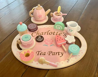 Pretend Play Personalized Wooden Tea Party Set with Dessert Stand and cakes Toy Set Custom Name Tea Set Toy for Kids Birthday Gift for Girls