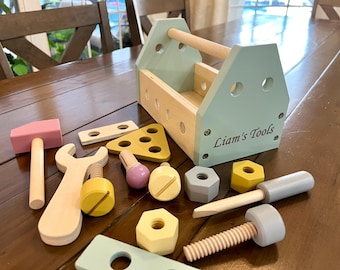 Personalized Wooden Tool Box Set for Kids Custom Name Engraving Pretend Play Educational Toy for Toddlers Handcraft Activity Birthday Gift