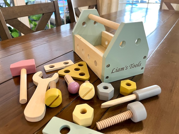 Personalized Wooden Tool Box Set for Kids Custom Name Engraving Pretend Play Educational Toy for Toddlers Handcraft Activity Birthday Gift