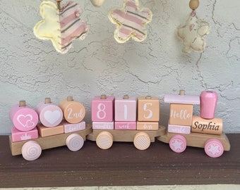 Personalized Wooden Toy Train Handcrafted Educational Toys for Kids, Developmental Montessori Toy, Handmade Eco-Friendly, Girl Birthday gift