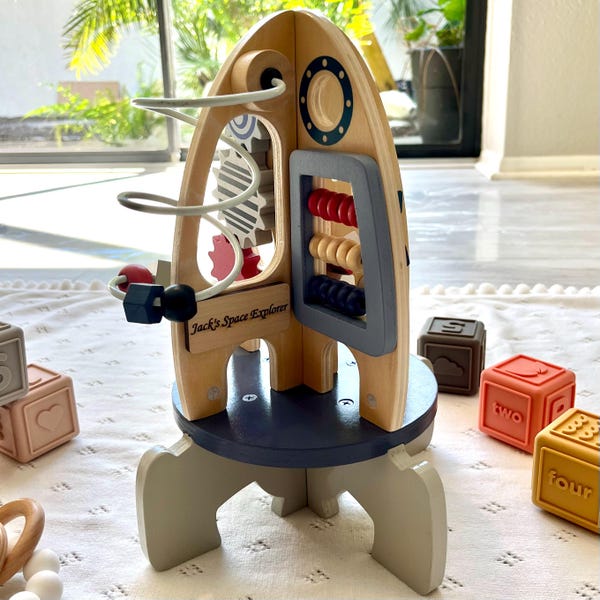 Space Rocket Ship Personalized Montessori Wooden Activity Cube Custom Engraved Name Sensory Toy Toddler Educational Gift for 1st Birthday