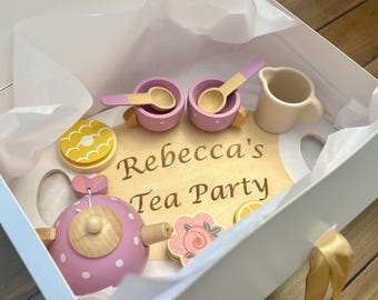 Personalized wooden Tea Party Play Set, Custom Name tea set toy, Gift for Girls, Pretend Tea Party, Montessori toy, Custom Name Birthday Toy