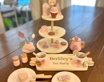 Personalized wooden Tea Party Play Set Custom tea set toy Gift for Girls Pretend Tea Party Montessori toy Custom Name Toy Kids Birthday gift