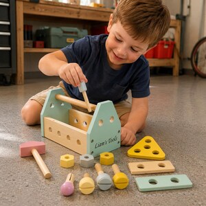 Personalized Wooden Tool Box Set for Kids Custom Name Engraving Pretend Play Educational Toy for Toddlers Handcraft Activity Birthday Gift image 3