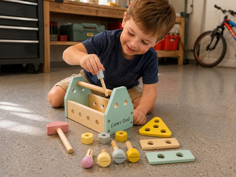 Personalized Wooden Tool Box Set for Kids Custom Name Engraving Pretend Play Educational Toy for Toddlers Handcraft Activity Birthday Gift image 3