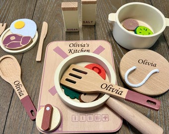 Personalized Wooden Pretend Play Kitchen Dishes Set for Kids, Montessori Kitchen Tools, Preschooler Toys, Kids Birthday Gift, Pots and Pans