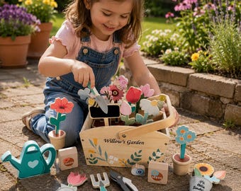 Personalized Wooden Garden Playset Montessori Flower Toy with Tools for kid Easter Basket Gift Birthday Gift for Girl Custom Name Garden Toy