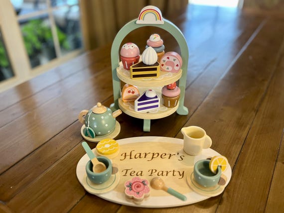 Pretend Tea Party set with Dessert Stand and cake Personalized Wooden Tea Party Play Set Custom Name tea set toy Kids Birthday Gift for Girl