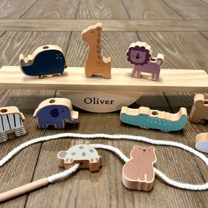 Personalized Wooden Animal Balance See-saw Toy, Threading Toy, Stacking Toys, Toddler Birthday Gift, First Christmas,Montessori Building Toy