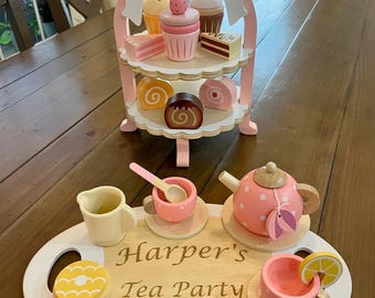 Pretend Tea Party set with Dessert Stand Personalized Wooden Tea Party Play Set Custom name tea set toy for Toddlers Birthday Gift for Girls