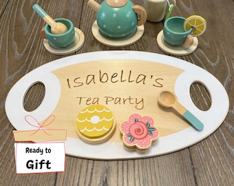 Conjunto de chá de madeira personalizado, conjunto de chá personalizado para crianças pequenas, presente para meninas, chá de faz de conta, brinquedo Montessori, brinquedo com nome personalizado