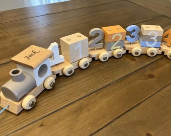 Personalized Name Wooden Train Educational Toys for Kids, Building number blocks Developmental Montessori Toy, kids Birthday gift photo prop