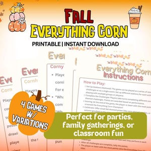 Può includere: Un gioco stampabile a tema autunnale intitolato "Fall Everything Corn". Il design presenta zucche, foglie autunnali e un'illustrazione di tazza di caffè. Il gioco include 4 giochi con varianti, perfetto per feste, riunioni di famiglia o in classe.