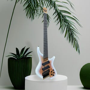 Haze HB5FFMS Voyager Series Headless Fanned Fret 5-String Electric Bass – Roasted Maple Neck, White Sunburst Finish, & Active BJ-80 Pickups