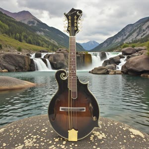 Peut inclure: Un mandoline avec un corps marron foncé et une table d'harmonie marron clair, sur fond de cascade et de montagnes. L'instrument a une tête décorative et des accessoires dorés. La mandoline repose sur un rocher moucheté.