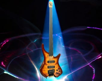 Handcrafted Headless Fretless Bass Guitar: Roasted Maple, Sunburst Finish