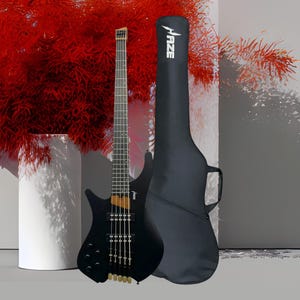 Left-Handed Headless 5-String Bass – Woodgrain Black Matte, Active Pickups (Gig Bag Included)