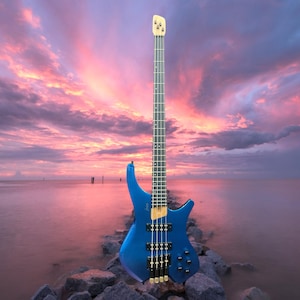 Haze HB4BLP Aurora Series Headless Electric Bass – 24-Fret Roasted Maple Neck, Blue-Purple Chameleon Finish, & Active BJ-80 Pickups