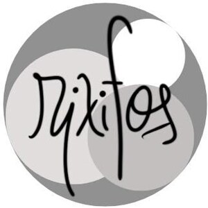 May include: A gray and white circle with the word "Pixifos" written in black cursive.