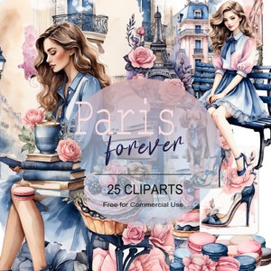 Ilustraciones en acuarela, 25 imágenes prediseñadas digitales, hermoso París, 2000 x 2000 píxeles, archivos PNG, chic parisino rosa azul, imágenes prediseñadas, álbum de recortes