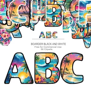 Letras ABC, ilustrações em aquarela, 56 clipart digital imagens de férias no estilo havaiano 2.000 x 2.000 pixels, álbum de recortes de arquivos PNG