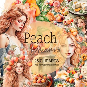 25 デジタル クリップアート Peach Dreams、水彩イラスト、2000 x 2000 ピクセル、PNG ファイル カラフルな地中海画像、スクラップブック