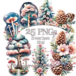 Arbres forestiers champignons clipart illustrations aquarelles motifs floraux, fichiers PNG 2000x2000 pixels, clipart, scrapbook utilisable sans licence