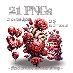 21 immagini di San Valentino, clipart PNG, 2000x2000 pixel, POD adatto a progetti creativi uso commerciale senza restrizioni rose