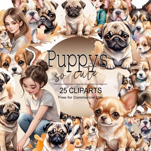 Hundebabys Hunde, Aquarell Illustrationen, 25 digitale Cliparts, 2000 x 2000 Pixel, PNG Dateien , süße Tiere Cartoon Clipart Bilder Scapbook