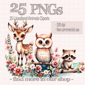 25 Waldtiere Cliparts Aquarell Illustrationen blumige Tiere, 2000x2000 Pixel PNG-Dateien, super sueße Clipart, Scrapbook Eule Fuchs Reh Hase
