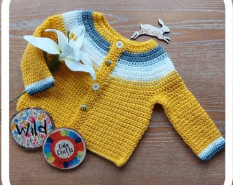 Hand-crocheted yellow, grey and white ombre 3/4 sleeve cardigan, 2-3 years, round neck, button-through, acrylic yarn