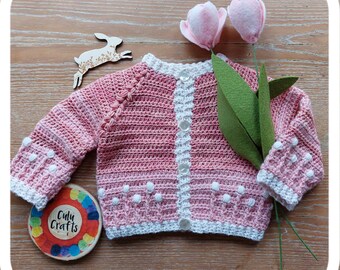 Handcrocheted pink baby girls cardigan, 0-6m, merino and pure new wool mix