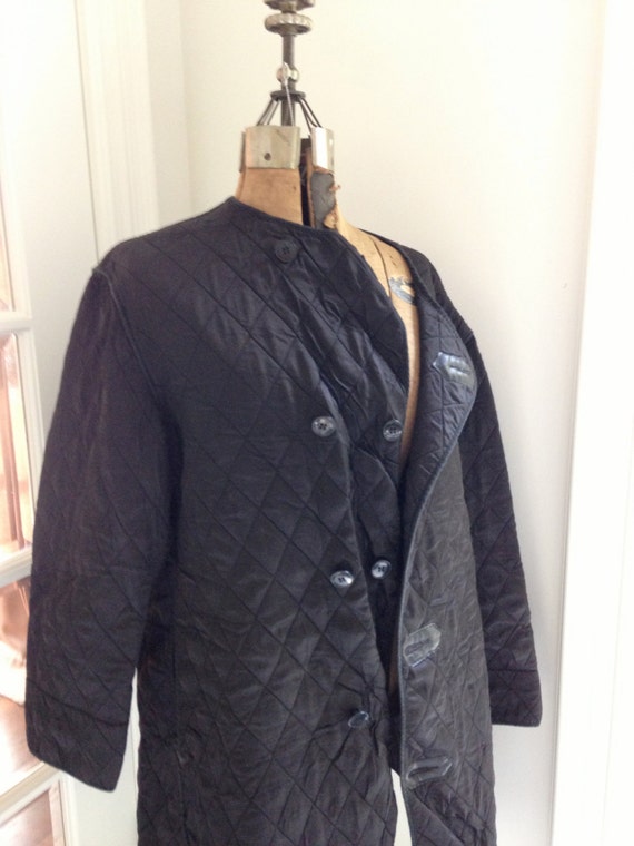 Items similar to vintage black quilted coat - leather trim - military ...