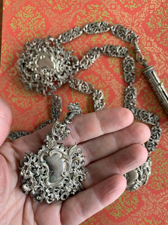 Victorian antique silver chatelaine - german silve