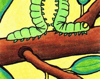 Inchworm ACEO Original Colored Pencil Bug Card