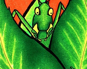 Katydid ACEO Original Colored Pencil Bug Card