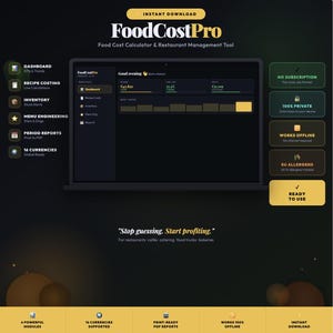 Peut inclure: Outil numérique de gestion de restaurant et calculateur de coûts alimentaires FoodCostPro présentant une interface de tableau de bord avec des indicateurs de revenus, de coûts et de profits. Inclut des modules de recettes, stocks et rapports.