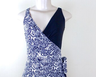 1980s Black and White Swimsuit - vintage size 14, medium to large - bathing suit, maillot, bandana print, one piece, faux wrap, skirted