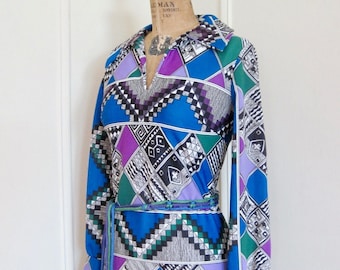 1970s MOD Bleeker Street Psychedelic ZigZag Graphic Stripe Dress - blue +purple + green + white + black - vintage size 12, medium to large