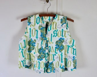 French chic - 1950er Jahre Cropped Floral Tent Top, Vintage Halfter mit übergroßem französischem Schriftzug: FLEUR, JOIE - Größe small bis medium