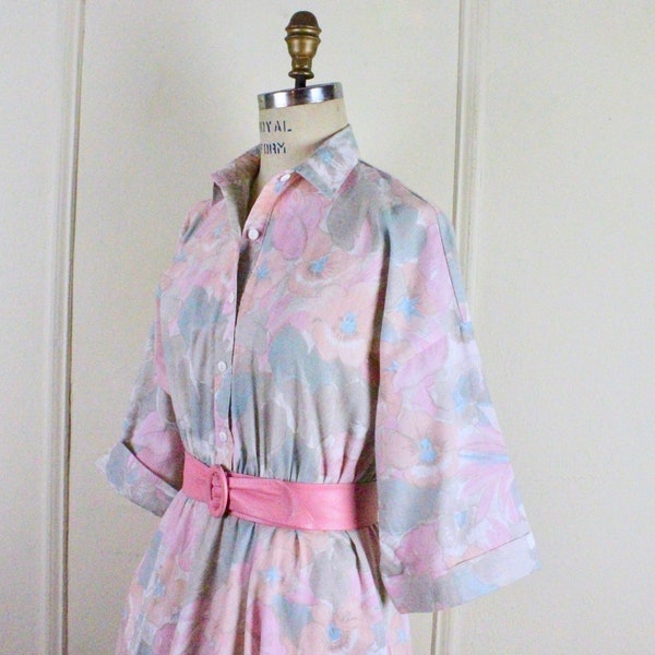 1980s Retro American Shirt Dress - pastel pink + gray + peach + blue oversized floral print - 80's does 50s  -  vintage size medium