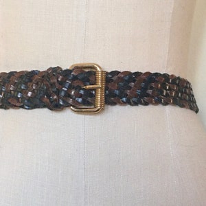 vintage 1980s black + brown braided leather belt with cool Gold buckle - everyday, disco, 1970s, made in Brazil - one size up to 39 inches