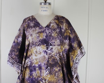 1970s Purple + Rusty Brown Cotton Caftan with Hand Printed batik  floral pattern - vintage S'Pore Maxi Dress - OSFM, one size fits most