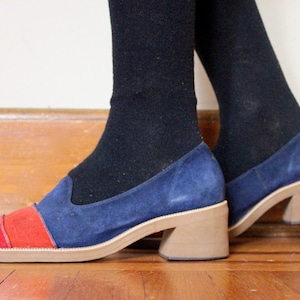 size 10, 1970s FUNKY Red & Blue Suede Chunky Pumps from Thom McAnn - vintage platform shoes, disco pumps, MOD heeled loafers
